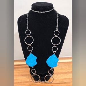 Paparazzi Blue Faux Turquoise Plastic Beaded Gunmetal Tone 28" Long Necklace